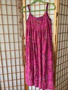 XS Bright Pink Floral Tiered Maxi Swing Dress - Adjustable Straps